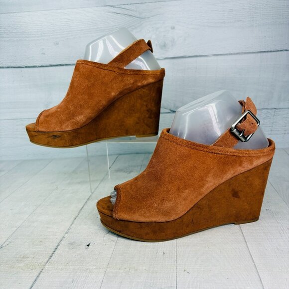 Lucky Brand Suede Slingback Wedge Sandal 7.5 Brown Peep Toe - See Wear/Read Desp - Picture 5 of 16